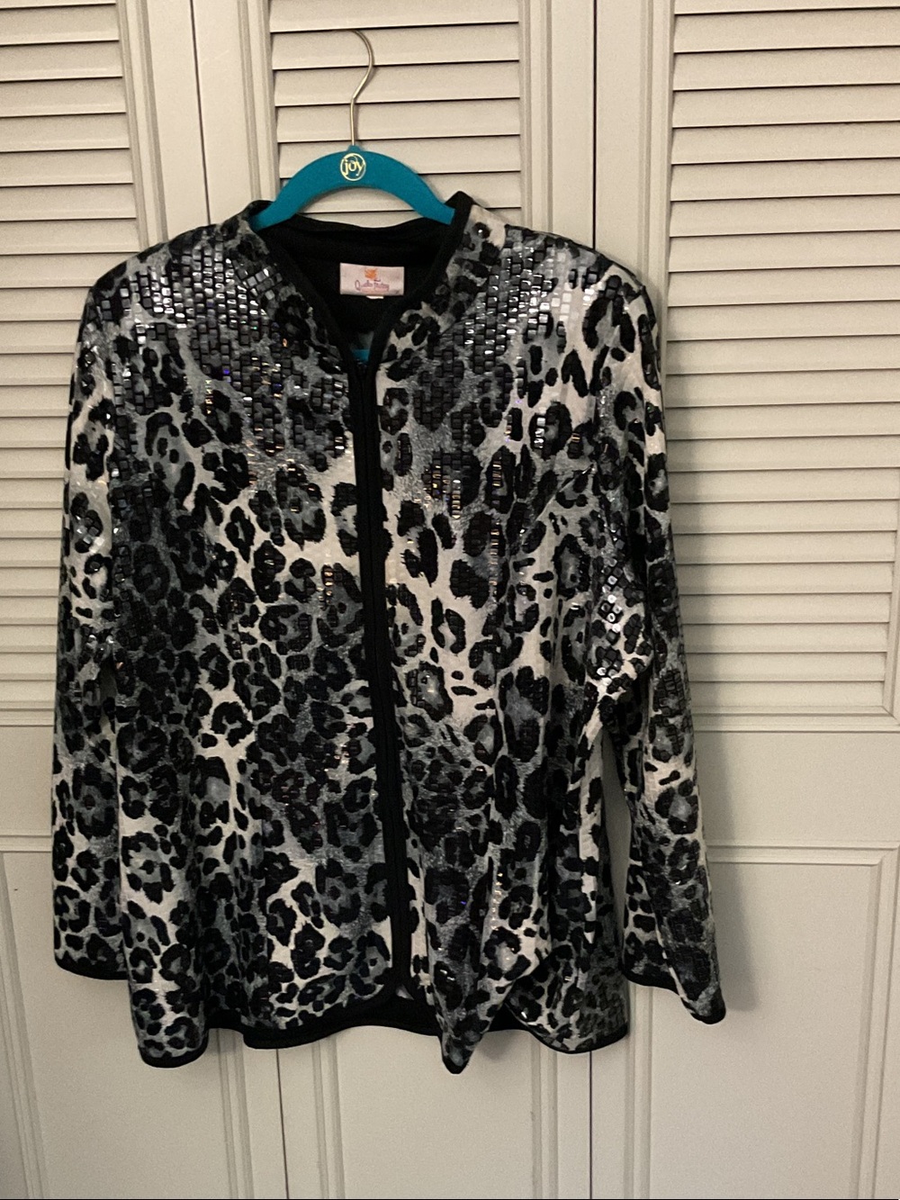 Quacker Factory Black & White Leopard Sequin Zip Jacket